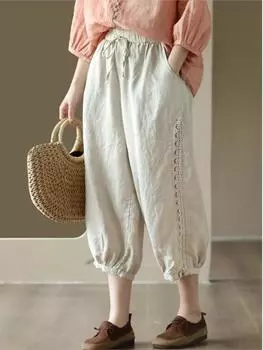 Johnature женские винтажные льняные шаровары в стиле пэчворк, кружевные однотонные брюки с эластичной резинкой на талии, женские свободные повседневные брюки