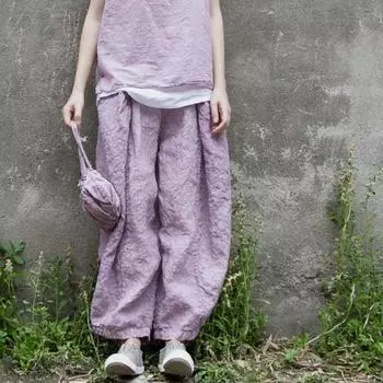 Johnature женские винтажные льняные широкие брюки с эластичной резинкой на талии фиолетовые летние брюки повседневные женские брюки высокого качества One Size фиолетовый