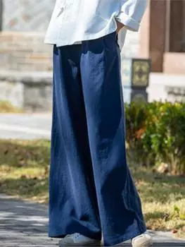 Johnature женские винтажные льняные широкие брюки однотонные свободные брюки с эластичной резинкой на талии весенние карманы мягкие женские брюки One Size чёрный