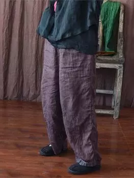 Johnature женские винтажные льняные широкие брюки в стиле пэчворк с эластичной резинкой на талии, свободные брюки, осенние однотонные повседневные брюки