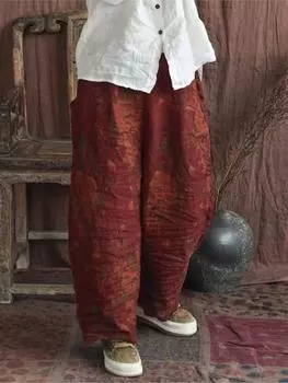 Johnature женские винтажные льняные широкие брюки с эластичной резинкой на талии и цветочным принтом, весенние брюки, свободные мягкие длинные брюки в китайском стиле One Size армия зеленый