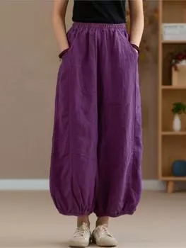 Johnature женские винтажные льняные широкие брюки с эластичной резинкой на талии, свободные весенние однотонные брюки с карманами в стиле пэчворк до щиколотки One Size белый