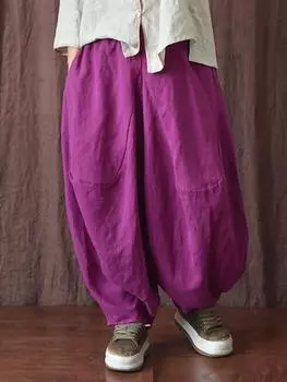 Johnature женские винтажные льняные широкие брюки однотонные свободные брюки осенние повседневные женские брюки с карманами One Size чёрный