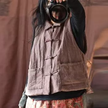 Johnature женские винтажные льняные жилеты на пуговицах с карманами без рукавов однотонные пальто весенние женские качественные жилеты в китайском стиле One Size чёрный