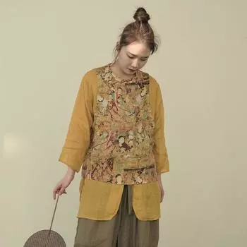 Johnature женские винтажные льняные жилеты с принтом пальто без рукавов весенние пуговицы женские жилеты в китайском стиле One Size жёлтый