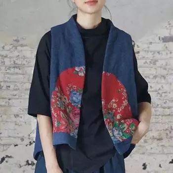 Johnature Женские винтажные льняные жилеты с v-образным вырезом, пальто, лоскутные красные цветочные пуговицы, весенние женские жилеты в китайском стиле, пальто