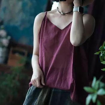 Johnature Женские винтажные летние однотонные повседневные мягкие топы без рукавов с V-образным вырезом One Size вино красного