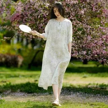 Johnature женские винтажные летние платья с цветочным принтом и круглым вырезом, халаты с половиной рукавов, мягкое платье на пуговицах в китайском стиле M зелёный