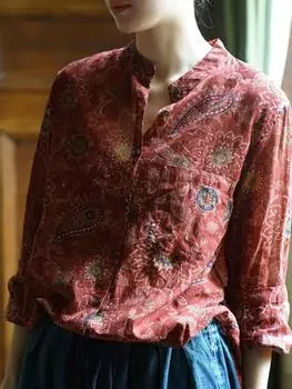 Johnature женские винтажные летние рубашки с цветочным принтом и стоячими блузками с длинными рукавами, летние свободные женские хлопковые рубашки на пуговицах One Size красный