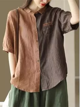 Johnature женские винтажные лоскутные цветные летние рубашки льняные топы на пуговицах с короткими рукавами рубашки с отложным воротником и пуговицами