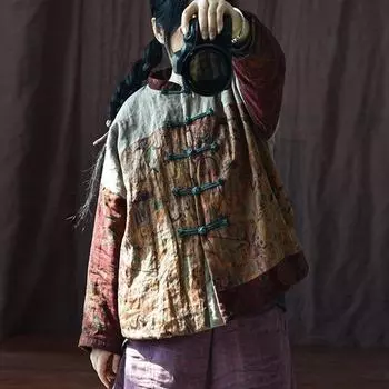 Johnature женские винтажные лоскутные цветные парки на пуговицах с длинными рукавами пальто зимняя льняная одежда парки в китайском стиле One Size зелёный