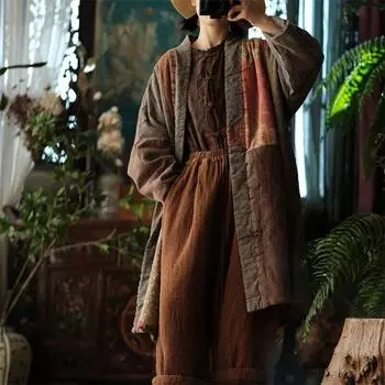 Johnature женские винтажные лоскутные цветные парки с v-образным вырезом и длинными рукавами плюс хлопковые теплые пальто зимние парки в китайском стиле One Size кофейный