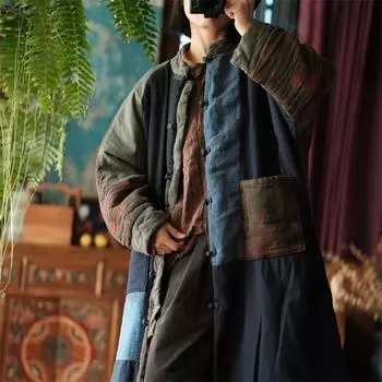 Johnature женские винтажные лоскутные цветные парки со стойкой и длинными рукавами в китайском стиле зимнее пальто плюс хлопковые теплые длинные парки One Size темно-синий