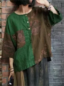 Johnature женские винтажные лоскутные цветные рубашки весенние свободные топы на пуговицах льняные женские рубашки высокого качества One Size зелёный