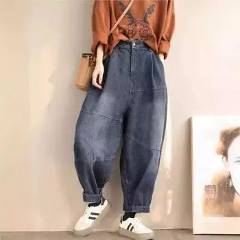 Johnature женские винтажные лоскутные джинсовые штаны-шаровары весенние свободные повседневные женские брюки длинные брюки на пуговицах