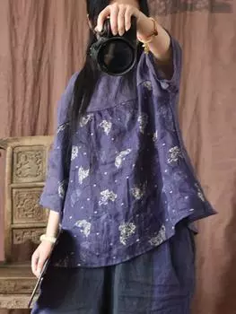 Johnature женские винтажные лоскутные футболки с цветочным принтом, льняные топы с короткими рукавами, летние свободные женские футболки One Size синий