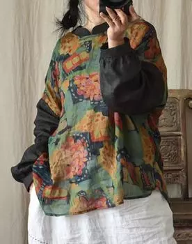 Johnature женские винтажные лоскутные футболки с цветочным принтом, топы, весенняя женская одежда, футболки в китайском стиле, футболки One Size света кофе