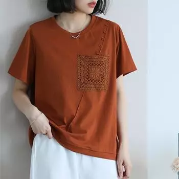 Johnature Женские винтажные лоскутные футболки с круглым вырезом и коротким рукавом, повседневные летние однотонные мягкие футболки