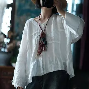 Johnature женские винтажные лоскутные футболки с v-образным вырезом и длинными рукавами, весенние свободные женские футболки One Size белый