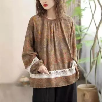 Johnature женские винтажные лоскутные кружевные футболки с круглым вырезом и длинными рукавами, весенние футболки с цветочным принтом One Size