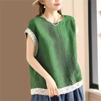 Johnature Женские винтажные лоскутные кружевные рубашки с круглым вырезом и короткими рукавами, однотонные летние блузки, повседневные рубашки One Size синий