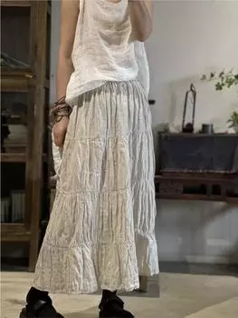 Johnature женские винтажные лоскутные льняные юбки однотонная одежда с эластичной резинкой на талии осенние женские юбки трапециевидной формы One Size армия зеленый