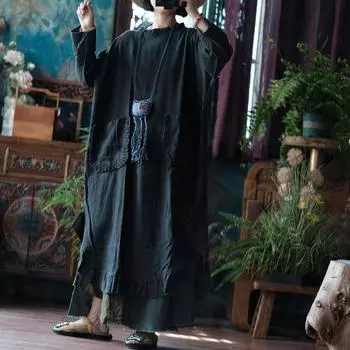 Johnature Женские винтажные лоскутные платья с карманами О-образным вырезом с длинным рукавом Осеннее черное свободное платье One Size чёрный