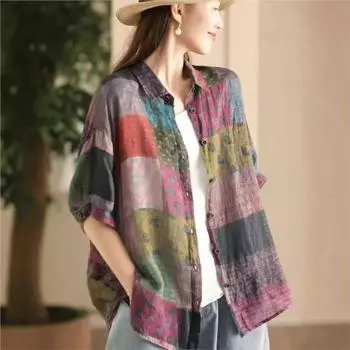 Johnature Женские винтажные лоскутные принты Цветочные рубашки Топы Отложные цветные блузки Летние рубашки на пуговицах L