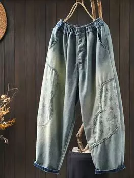 Johnature Женские винтажные лоскутные принты с цветочным принтом, шаровары с эластичной талией, свободные весенние брюки, синие брюки с карманами M синий