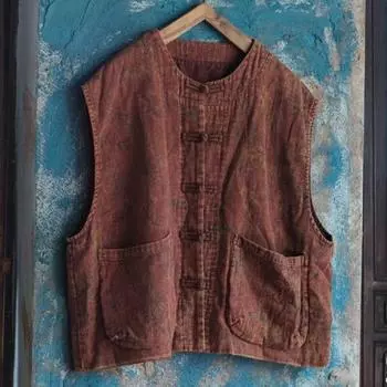 Johnature Женские винтажные лоскутные принты с цветочным принтом Пальто с круглым вырезом без рукавов с карманами на пуговицах Пальто в китайском стиле светло-коричневого