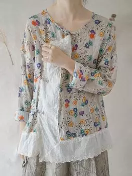 Johnature женские винтажные лоскутные рубашки на пуговицах весенние блузки с цветочным принтом топы с длинными рукавами женские рубашки One Size бежевый