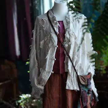 Johnature Женские винтажные лоскутные рубашки с пуговицами, бежевые блузки с длинным рукавом, осенние рубашки в китайском стиле One Size бежевый