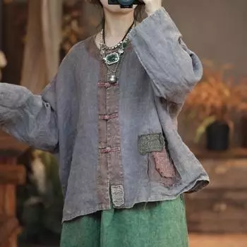 Johnature женские винтажные лоскутные рубашки топы на пуговицах с длинными рукавами и круглым вырезом блузки весенние рубашки в китайском стиле One Size темно-серого