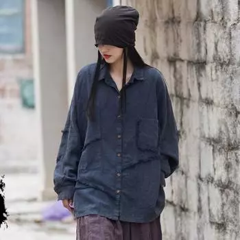 Johnature женские винтажные лоскутные рубашки весенние однотонные топы с карманами на пуговицах рами свободные женские рубашки One Size зелёный