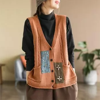 Johnature женские винтажные лоскутные свитера жилеты без рукавов с v-образным вырезом на пуговицах одежда осенние вязаные свитера с карманами
