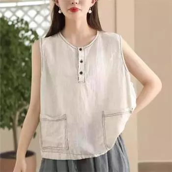 Johnature Женские винтажные майки с круглым вырезом без рукавов Летние модели с пуговицами и карманами Свободные майки L