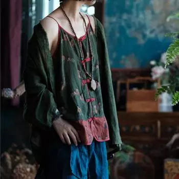 Johnature Женские винтажные мягкие хлопковые летние принты с цветочным принтом зеленые ткани с пуговицами в китайском стиле женские топы One Size зелёный