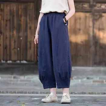 Johnature Женские винтажные однотонные брюки с эластичной резинкой на талии, лоскутные карманы, летние брюки, шаровары One Size бежевый