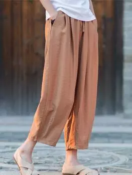 Johnature женские винтажные однотонные брюки с поясом с эластичной резинкой на талии, весенние брюки с карманами, женские повседневные брюки длиной до икры