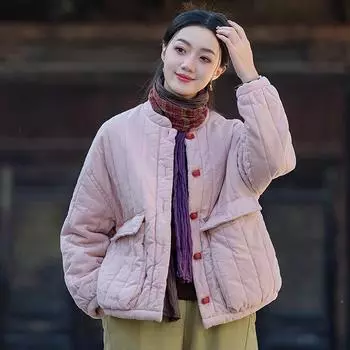 Johnature Женские винтажные однотонные длинные рукава с карманами в стиле пэчворк, зимние свободные пальто One Size бежевый