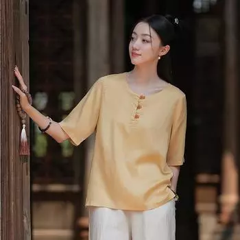 Johnature Женские винтажные однотонные футболки с круглым вырезом и коротким рукавом, летние свободные женские футболки на пуговицах One Size белый