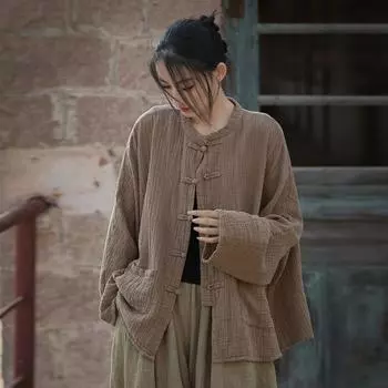 Johnature женские винтажные однотонные хлопковые рубашки топы с длинными рукавами и пуговицами блузки весенние рубашки с карманами One Size кофейный