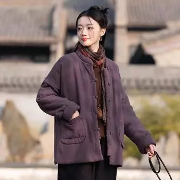 Johnature женские винтажные однотонные парки со стойкой и длинными рукавами в китайском стиле, зимние парки с карманами на пуговицах One Size фиолетовый