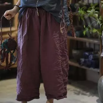 Johnature женские винтажные однотонные прямые брюки летние свободные брюки с карманами длиной до икры повседневные брюки One Size бордовый