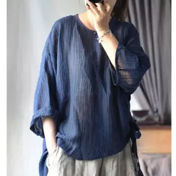 Johnature Женские винтажные однотонные рубашки с круглым вырезом и семью рукавами, нестандартные свободные осенние блузки в китайском стиле One Size темно-синий