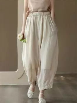 Johnature женские винтажные однотонные шаровары Ramie с эластичной резинкой на талии, однотонные летние повседневные женские брюки One Size чёрный