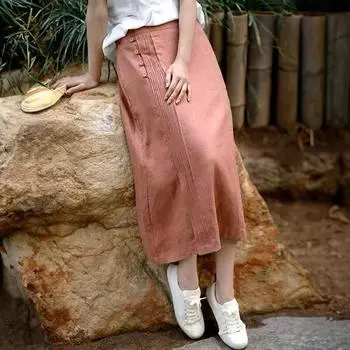 Johnature женские винтажные однотонные юбки весенние эластичные талии складные лоскутные пуговицы мягкие женские юбки трапециевидной формы M темно-оранжевого