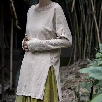 Johnature женские винтажные осенние футболки трикотажные льняные футболки с длинными рукавами и круглым вырезом однотонные лоскутные эластичные футболки