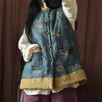 Johnature женские винтажные осенние жилеты на пуговицах льняные пальто без рукавов с цветочным принтом теплые женские жилеты с карманами One Size фиолетовый