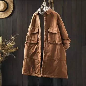 Johnature Женские винтажные отложные воротники однотонные пуговицы пальто зимние карманы в китайском стиле пальто One Size света кофе